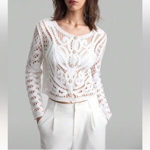 Elegant White Knit Lace Effect Blouse